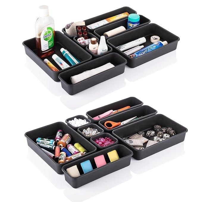 8-Piece Interlocking Desk Drawer Organizer Tray Set – Black