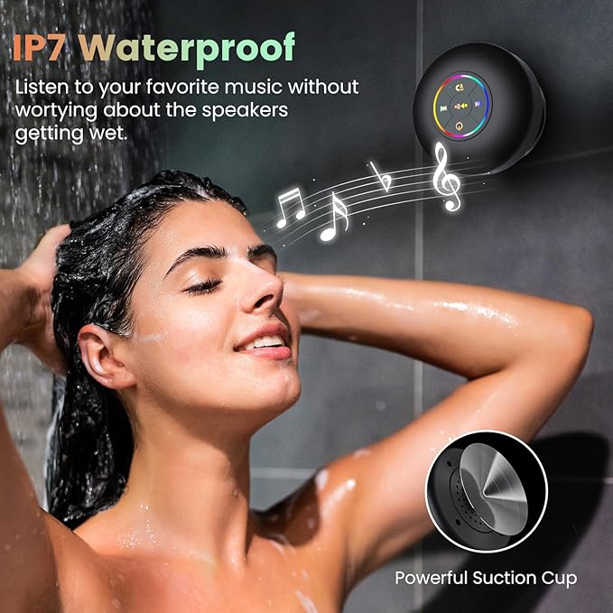 Waterproof Bluetooth Speaker- LED Light Light I Waterproof Bathroom Bluetooth Speaker (Black)